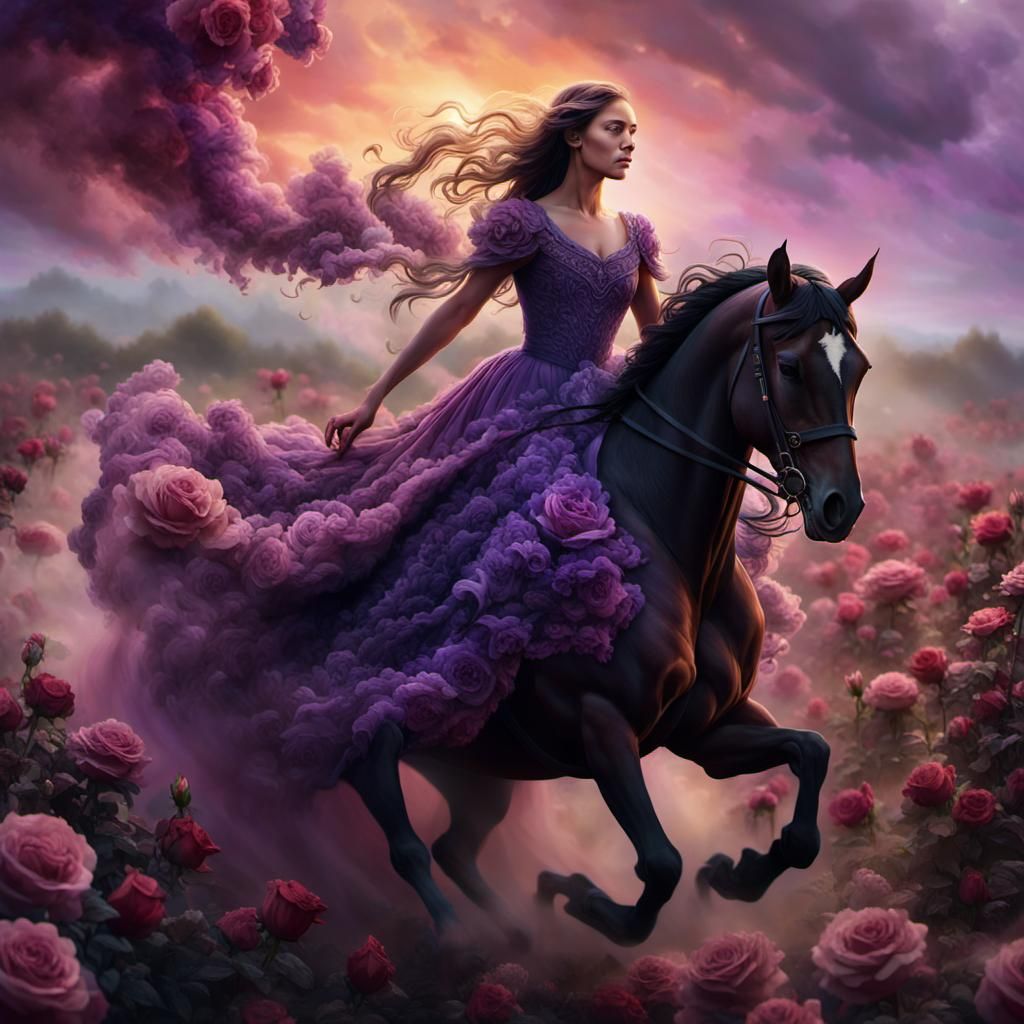 Woman Rides Smoke Horse Through Rose Field