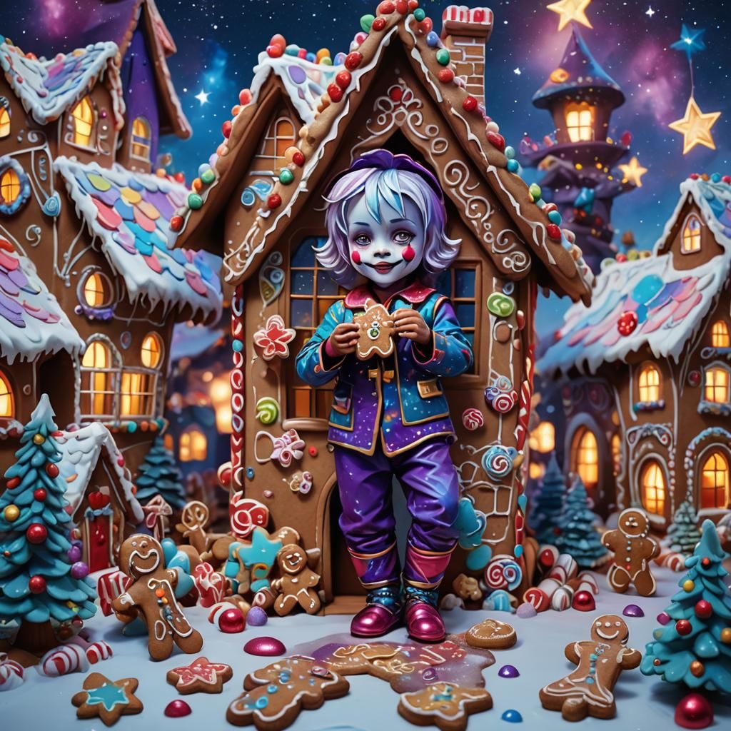 Chibi Harlequin's Gingerbread Feast Under Aurora Sky