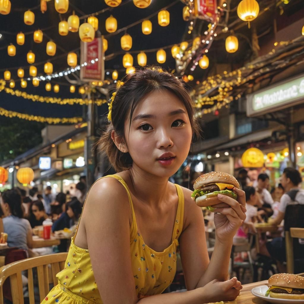 Girl Eating Hamburger in Singapore, Fantasy Art