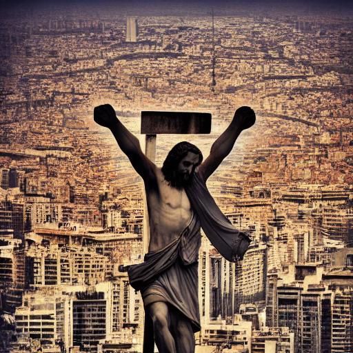 Crucifixion Scene with Pug in War-Torn Barcelona