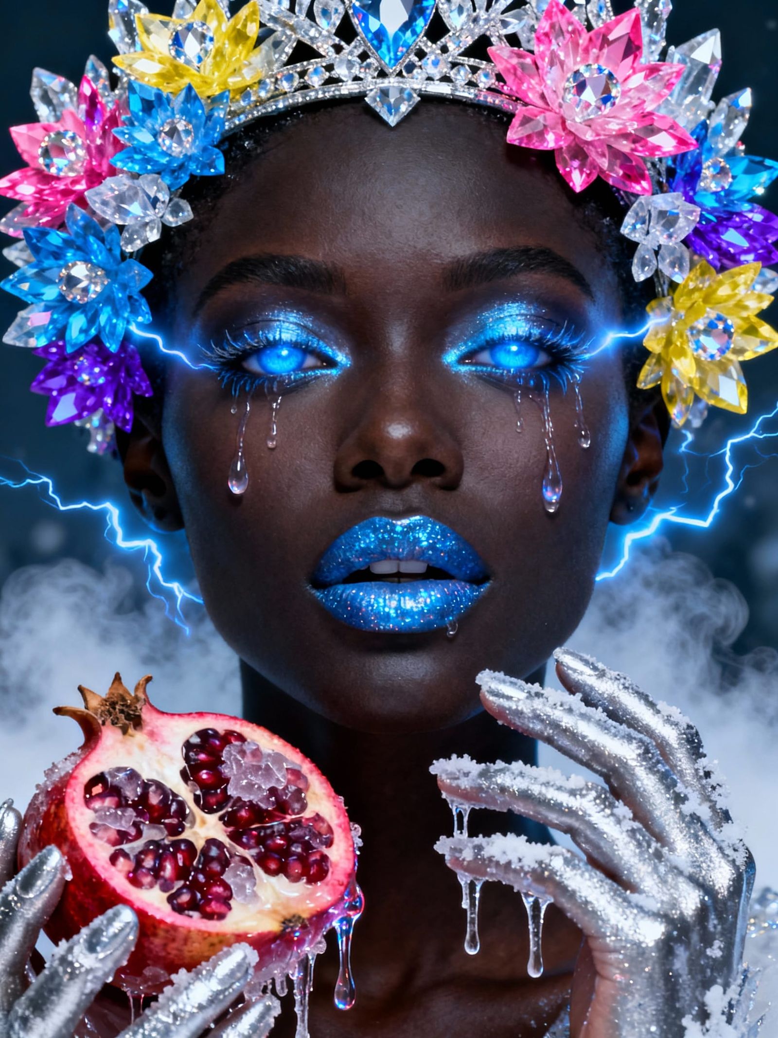 Beautiful Woman with Electric Blue Eyes in Icy Floral Crown