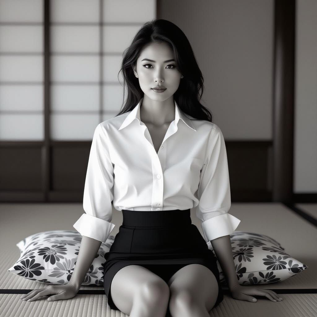Elegant Asian Woman in Black and White Photography Style