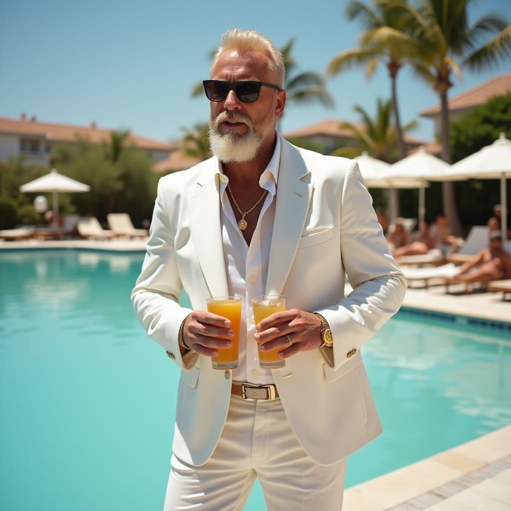 Man in White Blazer by Pool with Palm Trees
