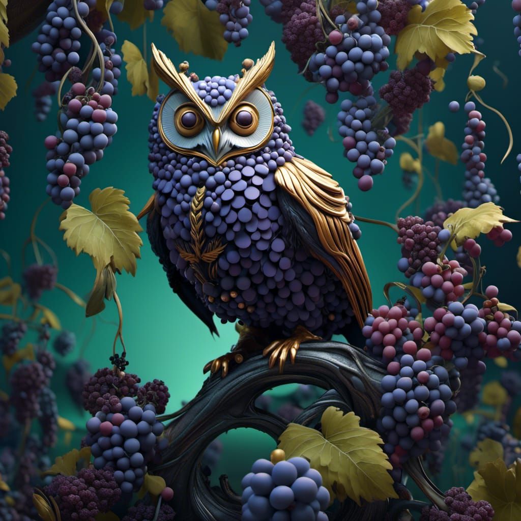 Surreal Owl and Grapes in Detailed Matte Painting