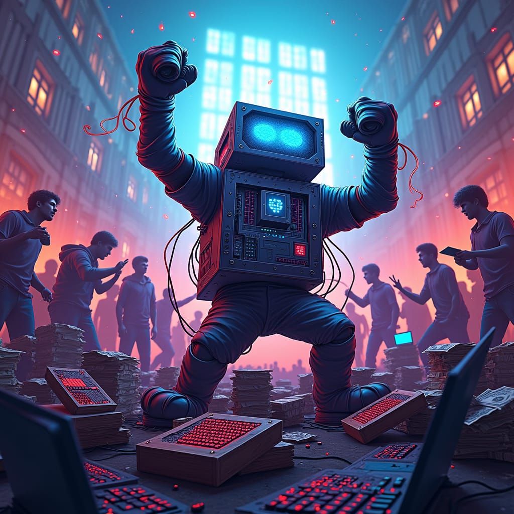 Victorious Computer Fight Poster in Cyberpunk Style