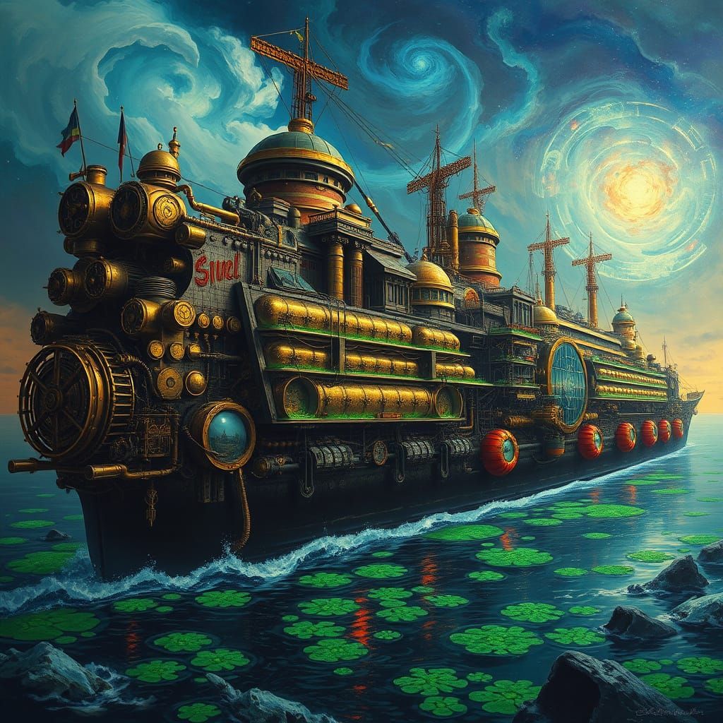 Steampunk Floating City Navigates Ethereal Ocean