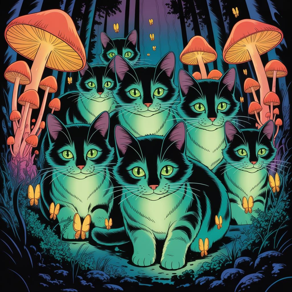 Bioluminescent Cats in Enchanted Forest: Comic Book Art