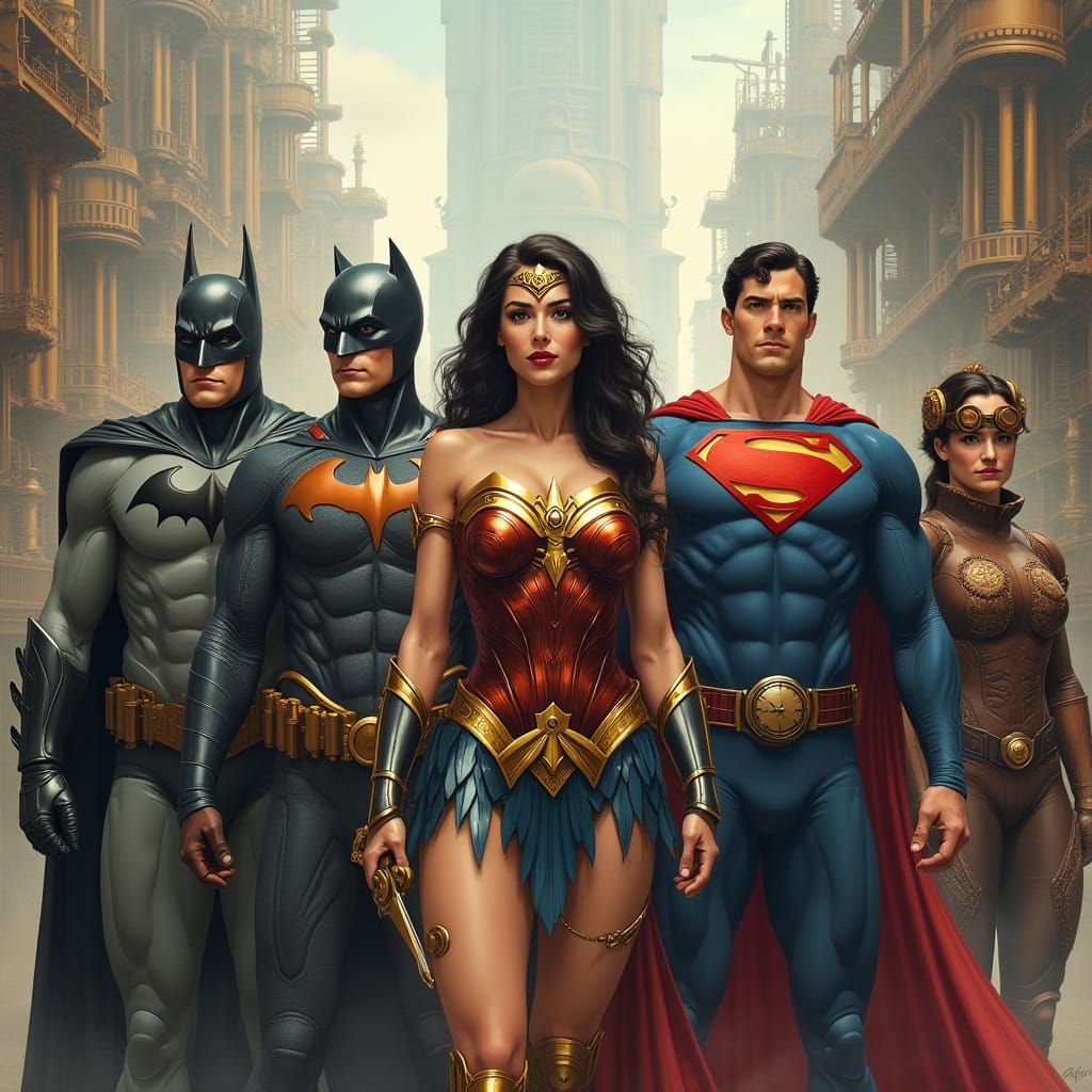 Steampunk Justice League Assemble in Industrial City