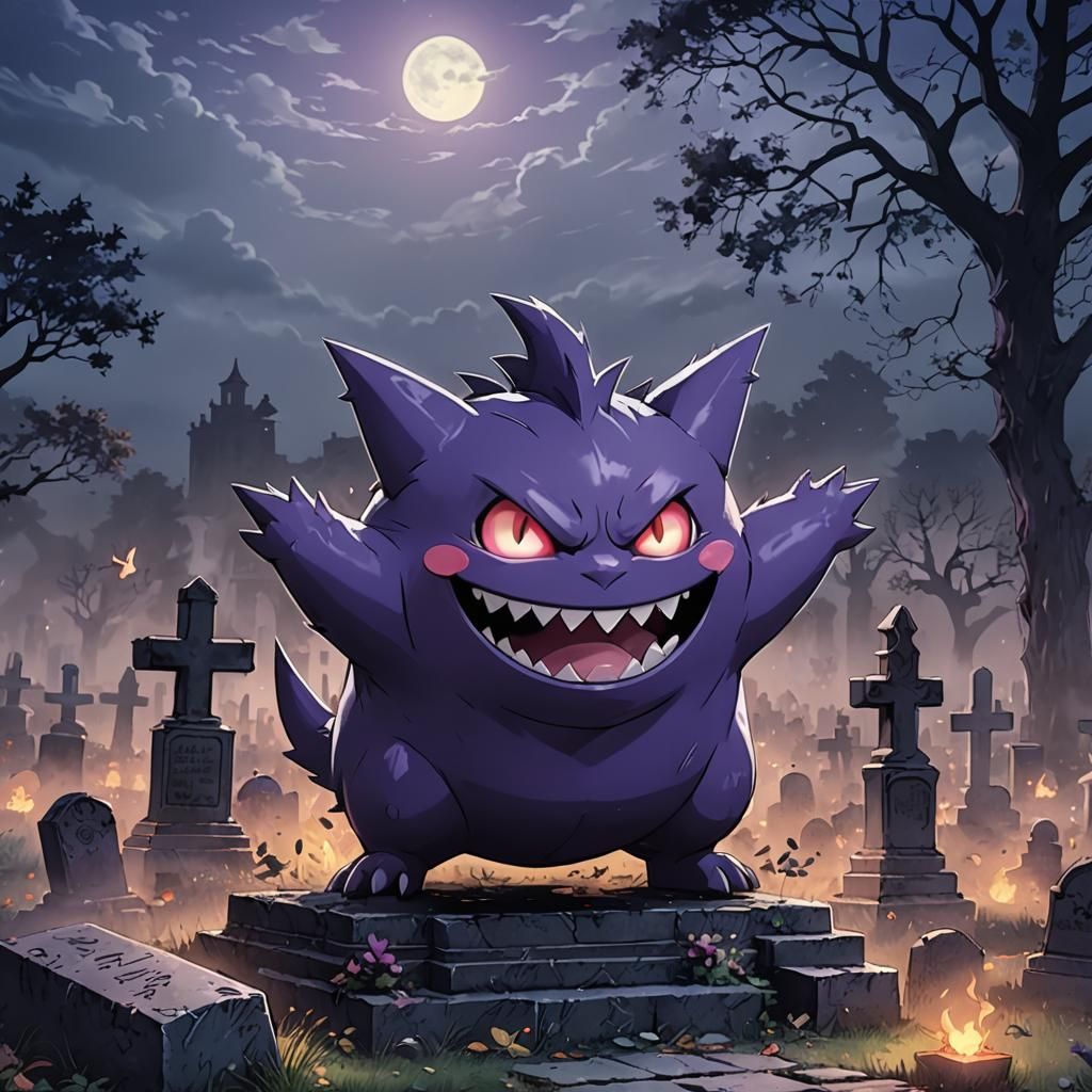 Gengar in Misty Cemetery, Cel-Shaded Anime Style