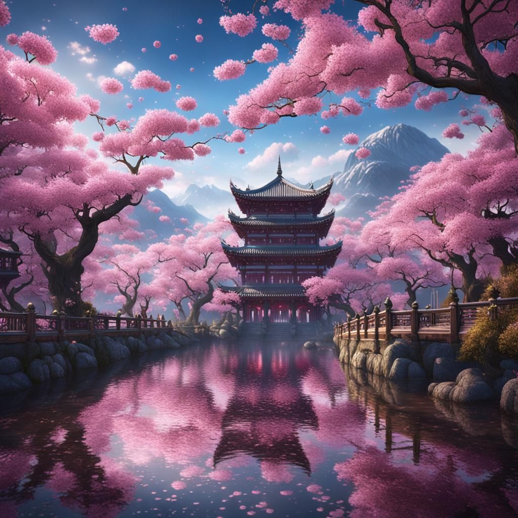 Dancing Cherry Blossoms in a Fantasy Landscape