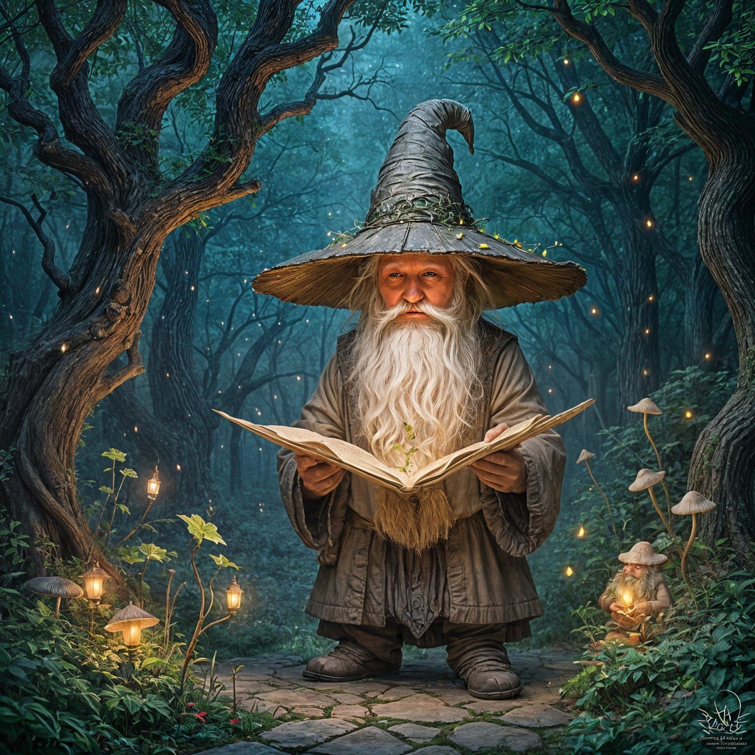 Enchanted Gnome Studies Ancient Map in Whimsical Forest