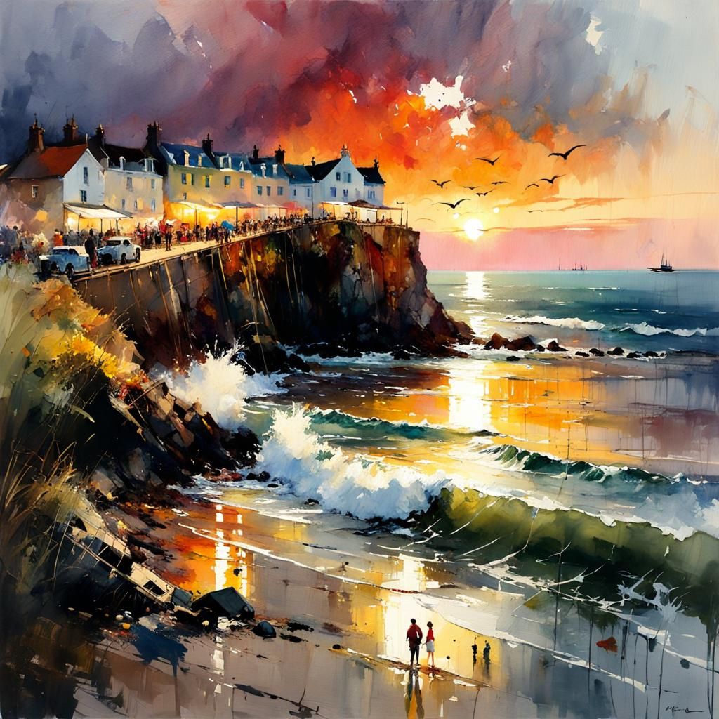 Dramatic Seaside Sunset Watercolor Painting