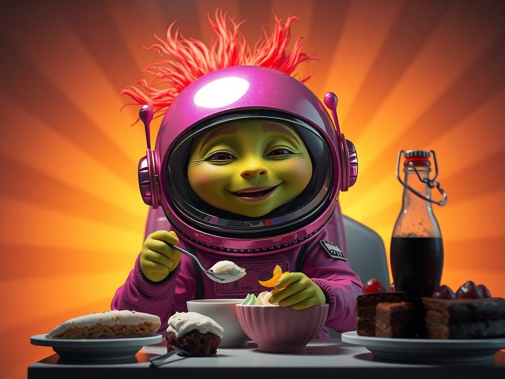 Vibrant Alien Enjoying a Celebration Feast in a Bright Color...