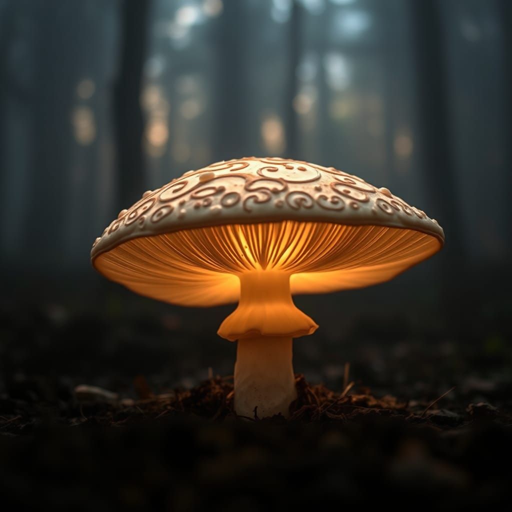 Luminous Mushroom in Misty Forest, Fine Art Photography