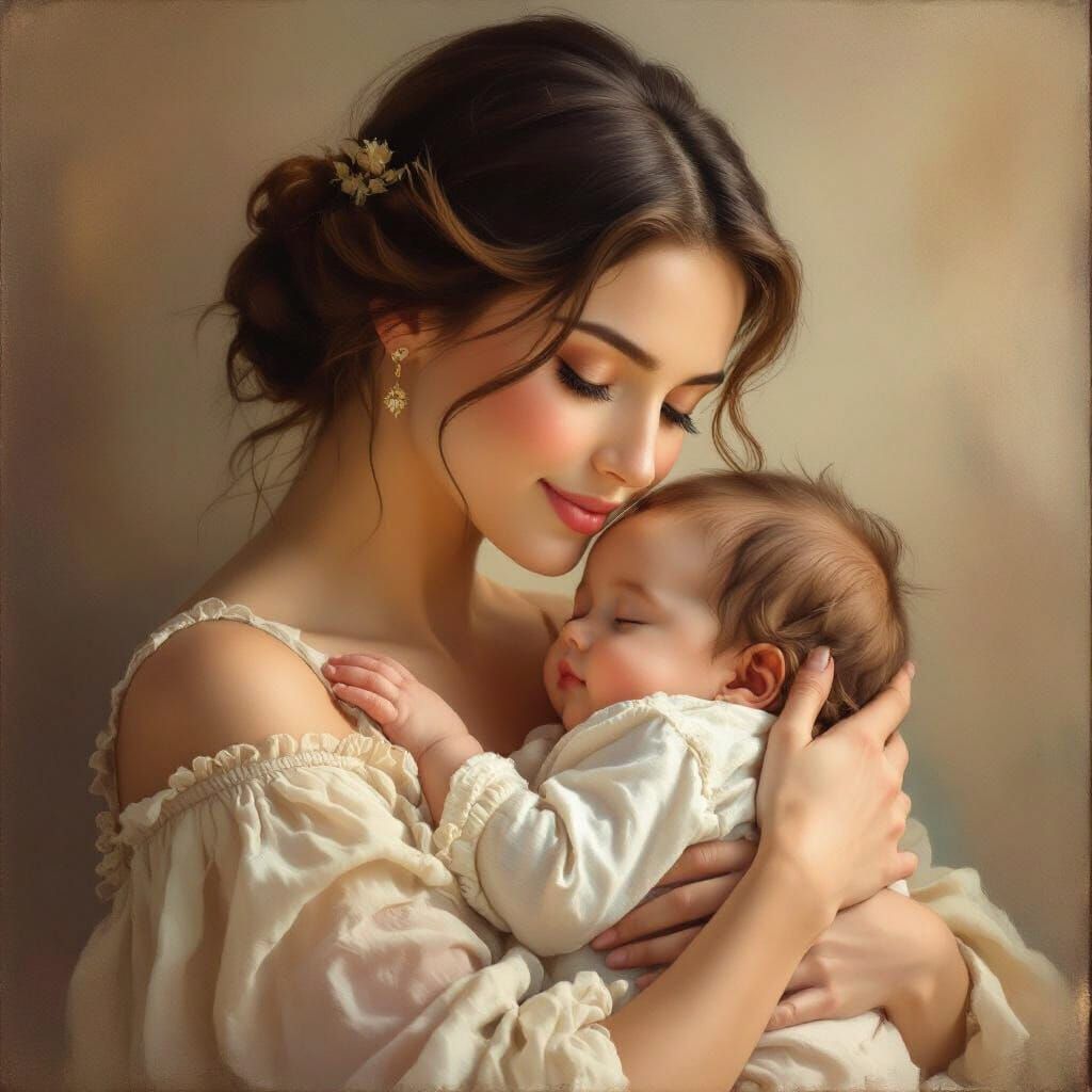Mother and Baby Portrait in Renaissance Oil Painting Style