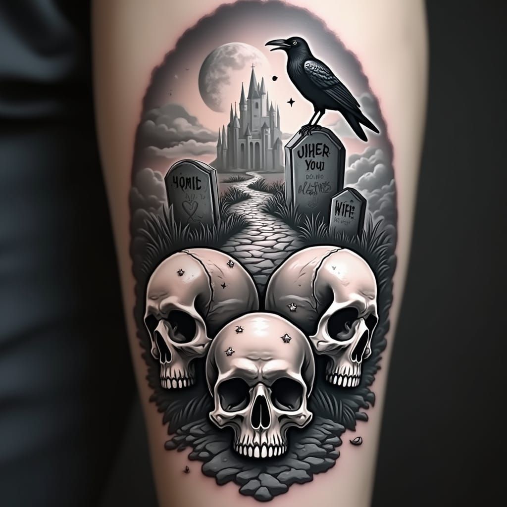 Realistic Greyscale Tattoo Design of Intricately Detailed Sk...
