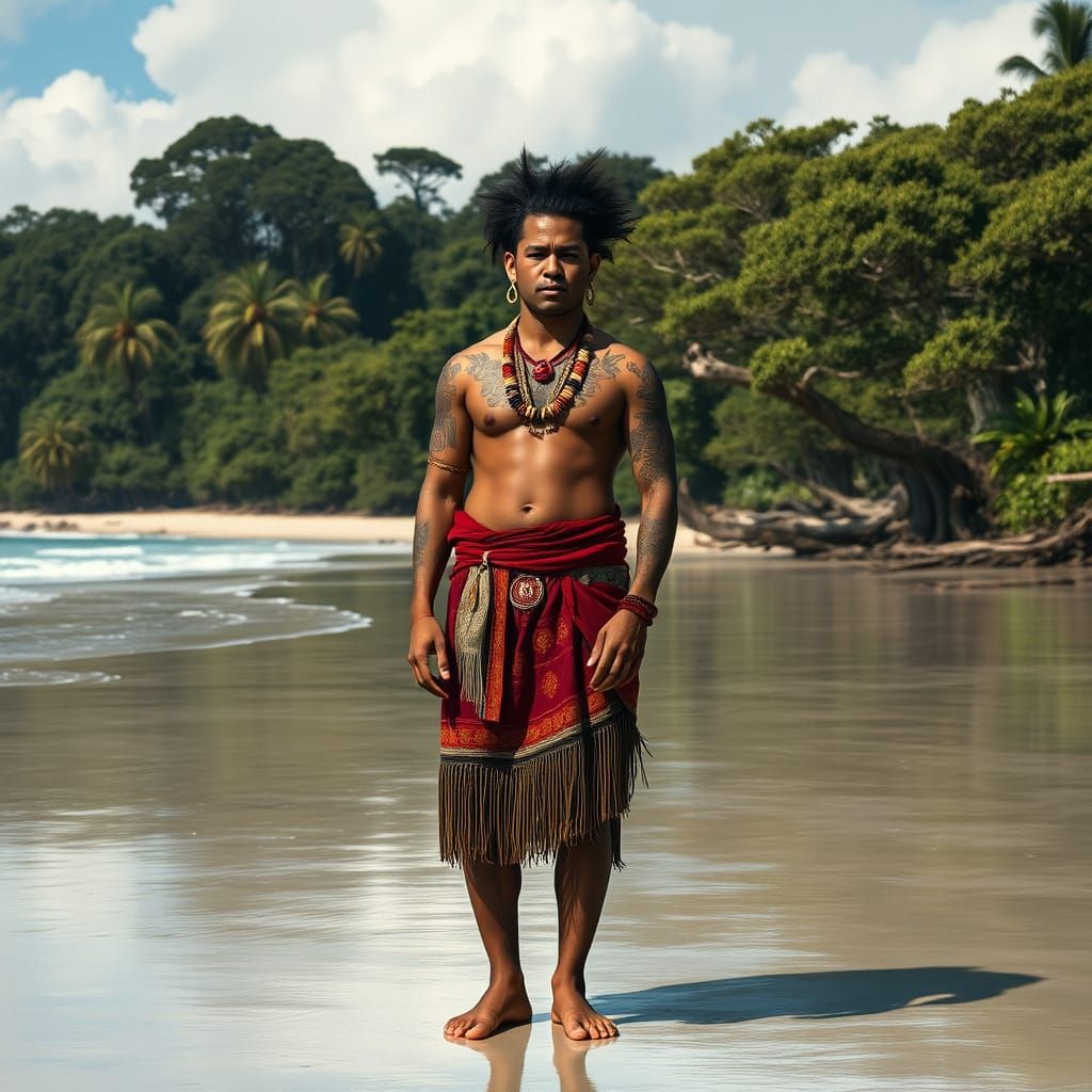 Maori Person on Serene Beach in Traditional Clothing