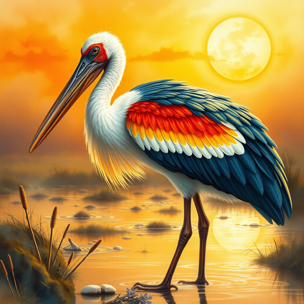 Vibrant Giant Ibis in Golden Light, Watercolor Style