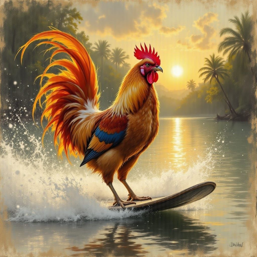 Golden Rooster Rides Morning Sun in Tropical Waterskiing Sce...