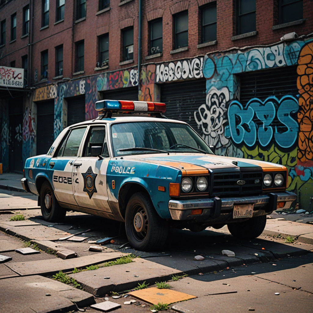 Abandoned Police Car on Concrete Blocks in a Moody Urban Lan...