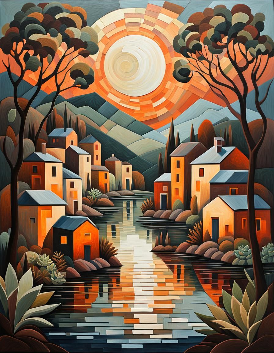 Moon Rising Over Village: Cubist Acrylic Painting