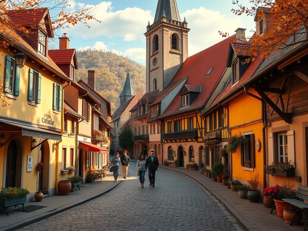 Quaint European Village Street in Hyperrealistic Style