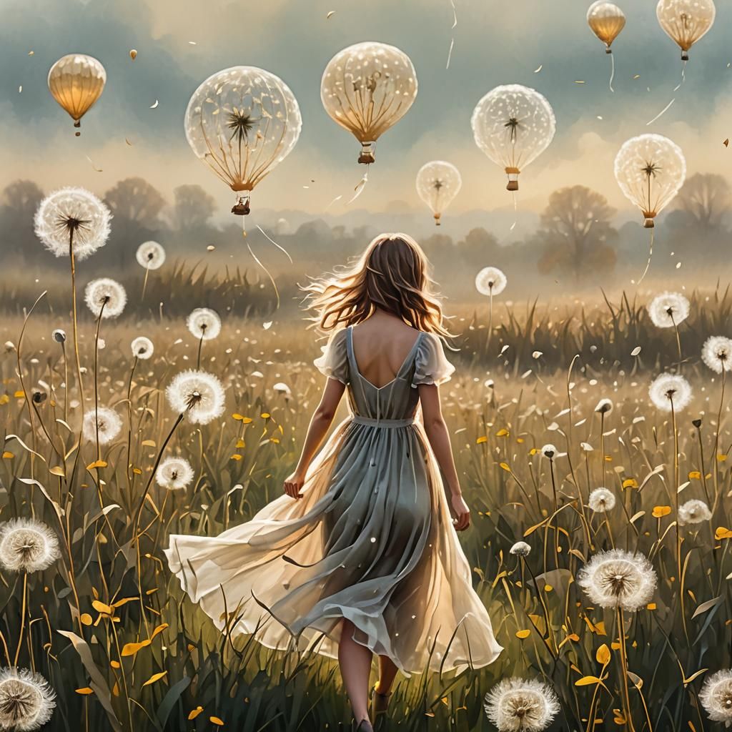 Dreamlike Dandelion Field with Girl, in Digital Watercolor