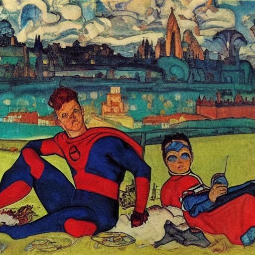 Superhero on Vacation: Inspired by Somov, Schiele