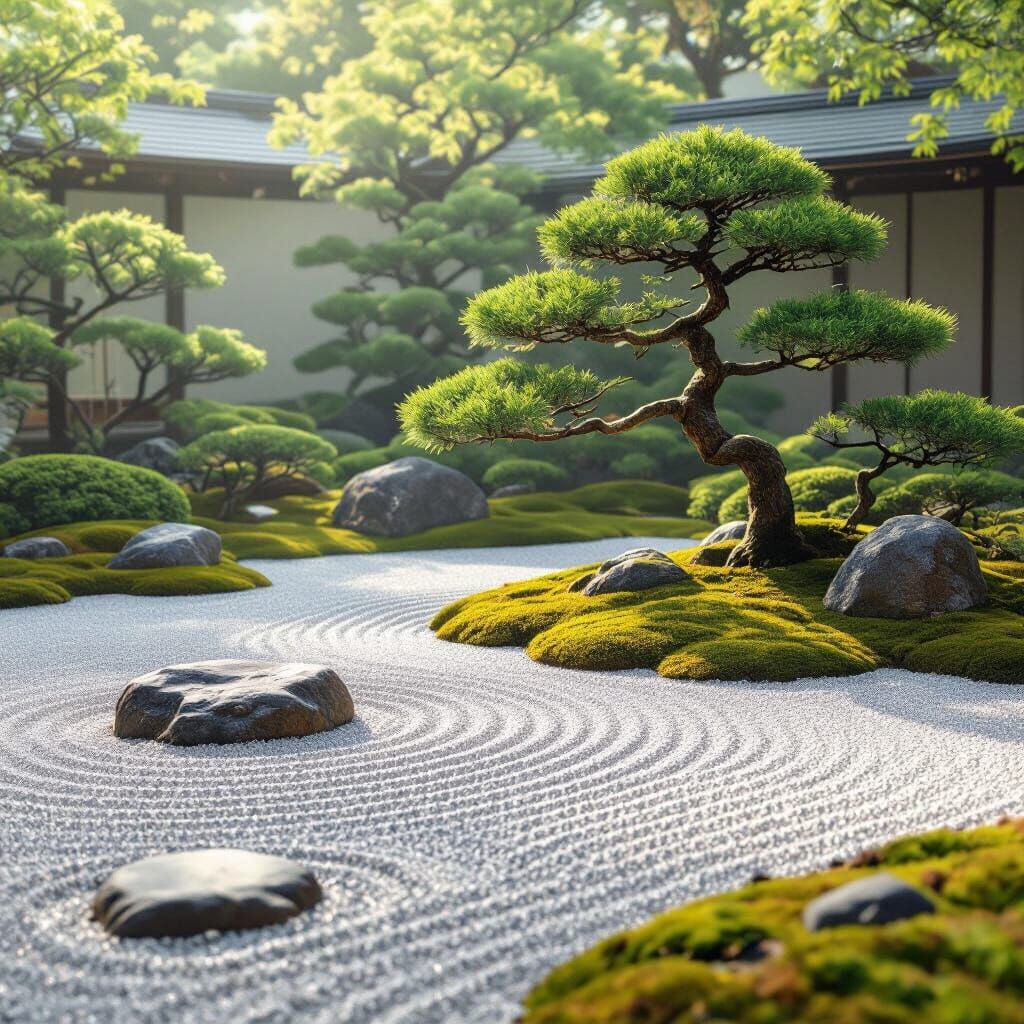 Tranquil Zen Garden with Bonsai Tree in Minimalist Style