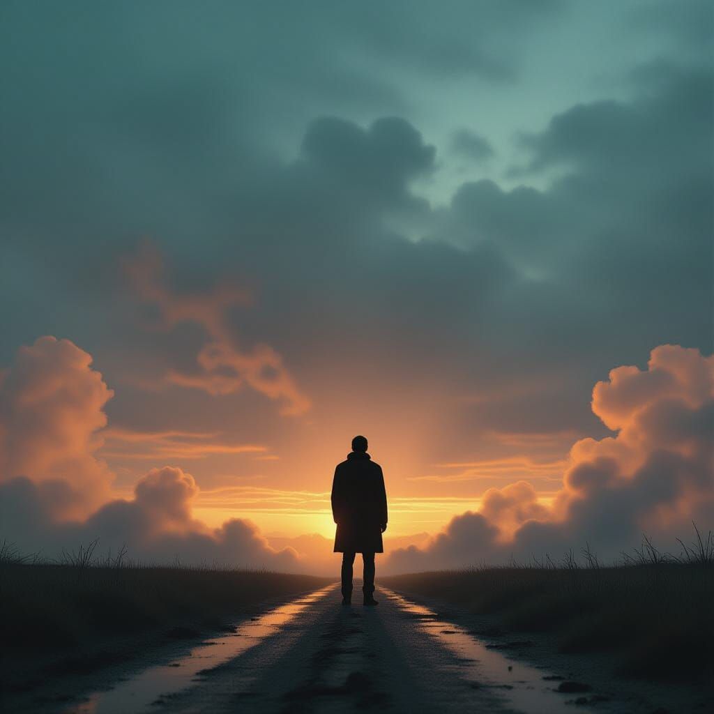 Dramatic Figure Amidst Turmoil, Cinematic Style