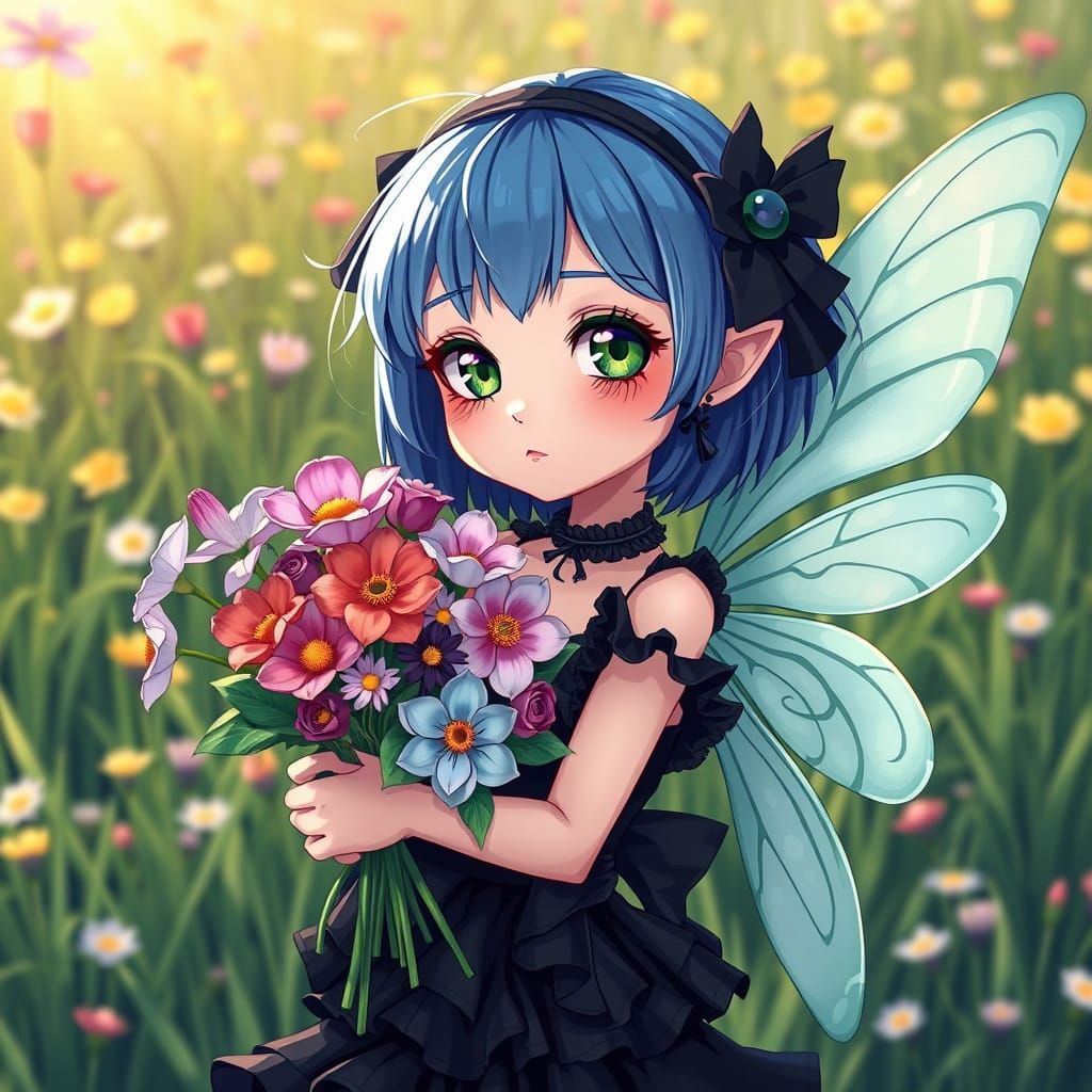 Blue Haired Fairy with Flowers as Line Art