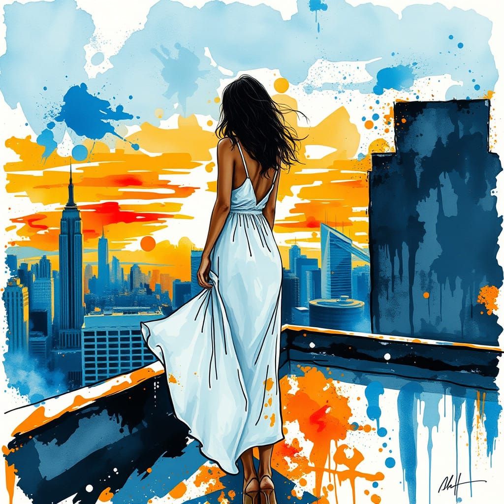 Vibrant Ink Splatter Artwork: Lady on Rooftop at Sunrise