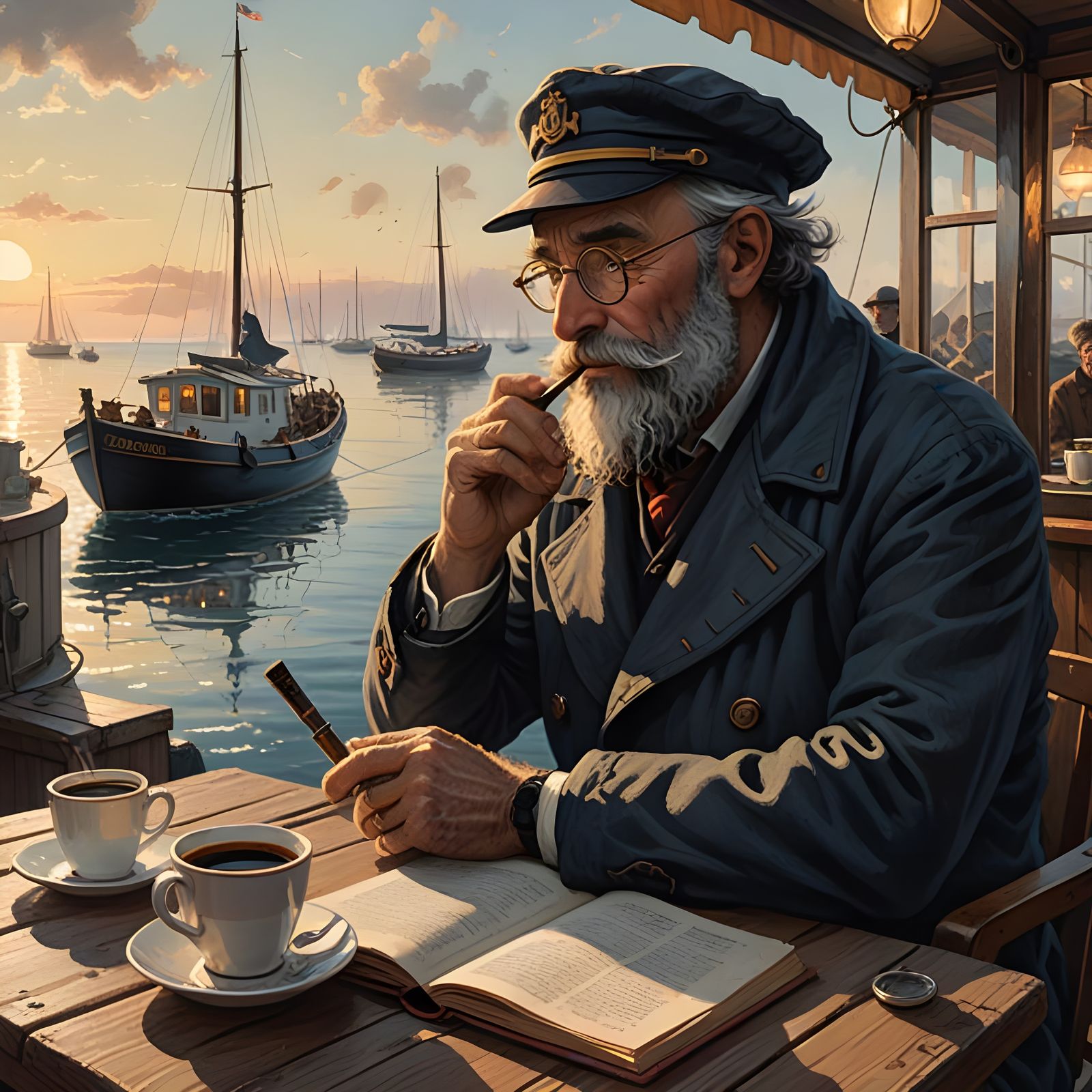 Old Sailor in Seaside Cafe at Sunset