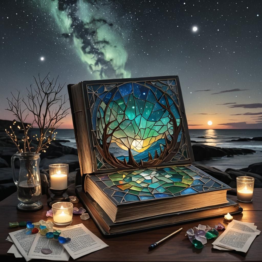 Stained Glass Book Under Northern Lights: Charcoal Drawing
