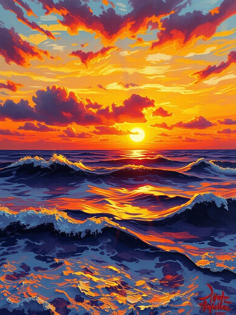 Ocean Sunset in Expressionist Impasto Painting
