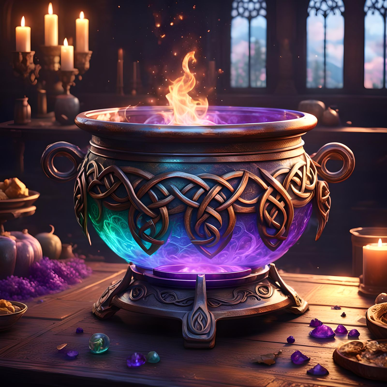 Celtic Cauldron on Celestial Table: Dark Fantasy Art