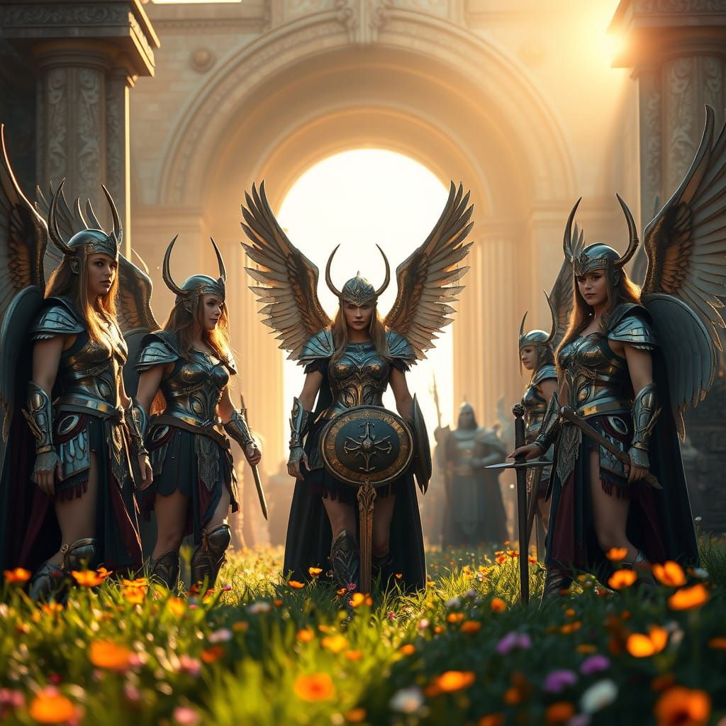 Valkyries Escort Viking Warriors to Valhalla in Golden Light