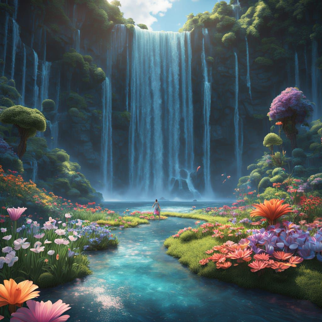 Whimsical Fairies Gather Near a Majestic Waterfall in Vibran...