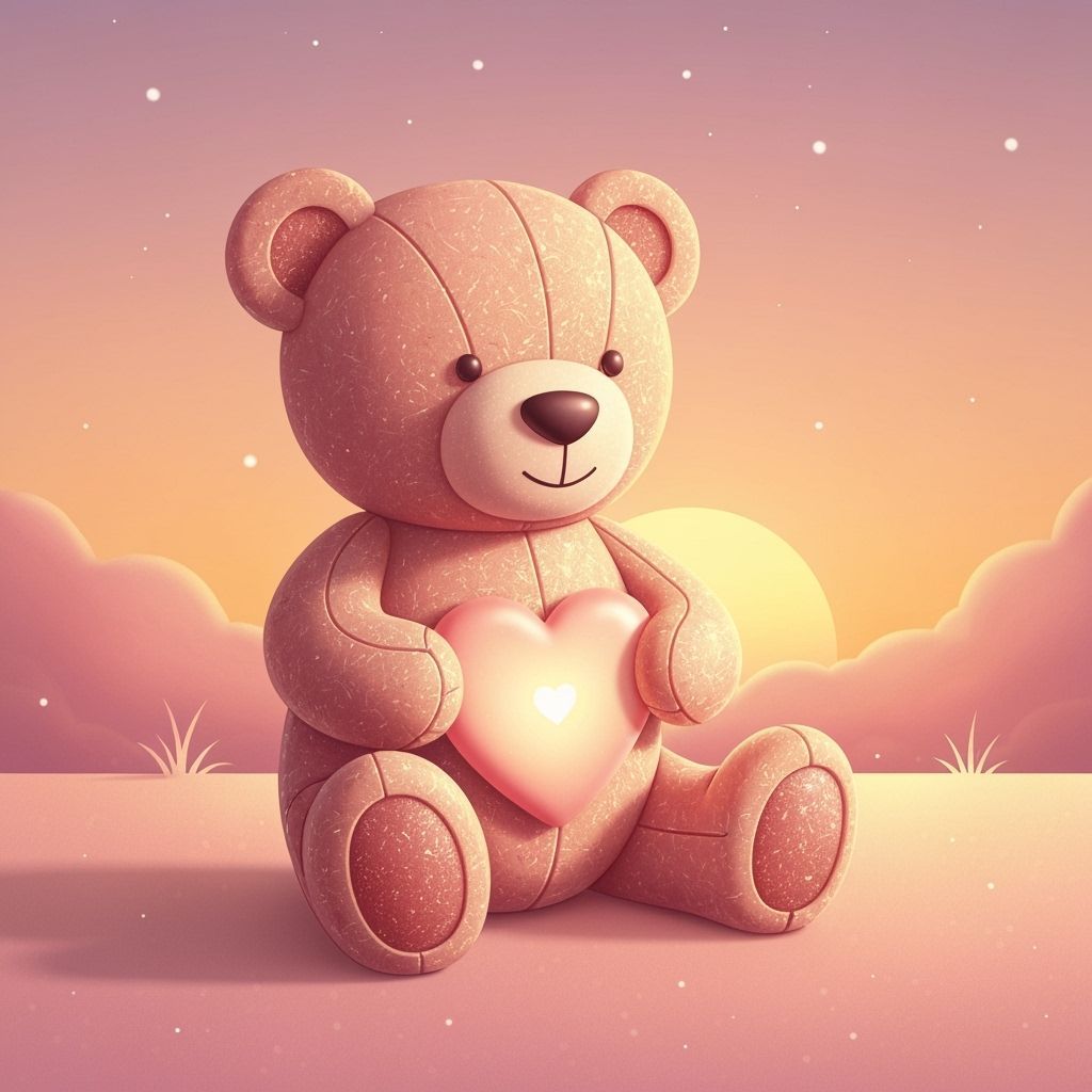 Teddy Bear Holding Glowing Heart in Sunset Light