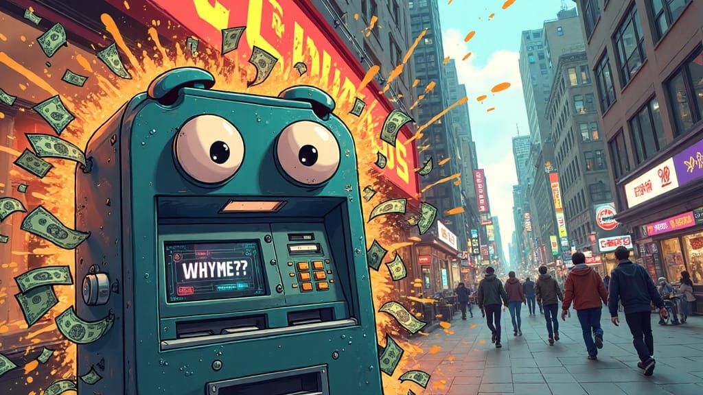 Cartoon ATM Machine in Panic Mode Spews Cash Everywhere