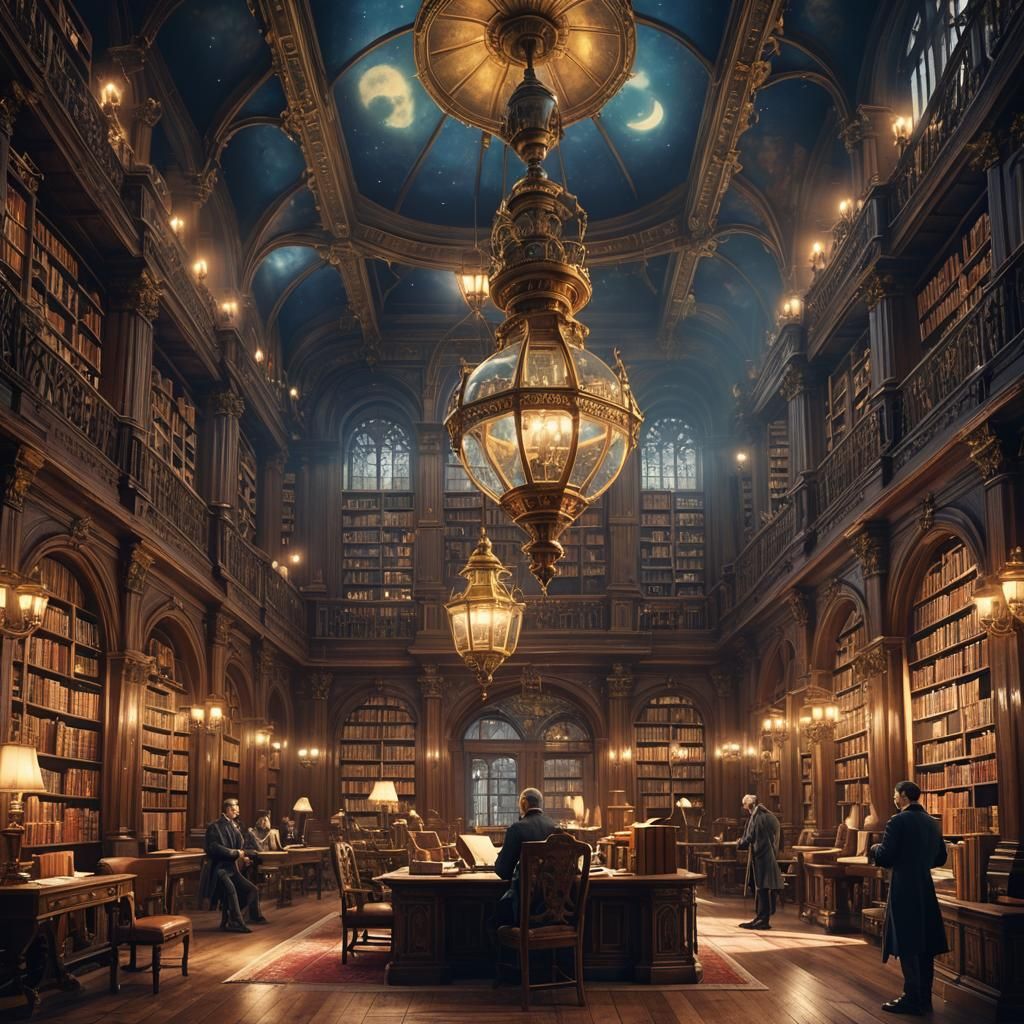 Victorian Library with Readers in Gaslight