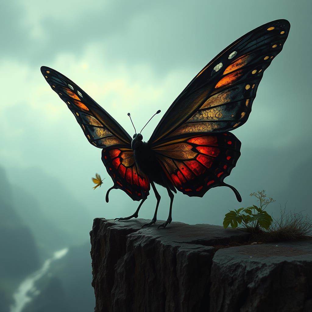 Dark Butterfly Guardian in Naive Art Style