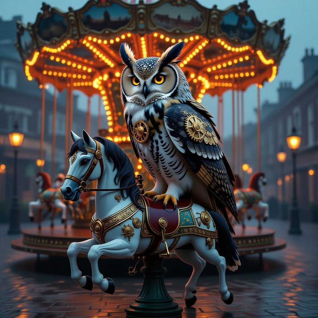 Steampunk Owl on Vintage Carousel in Foggy London