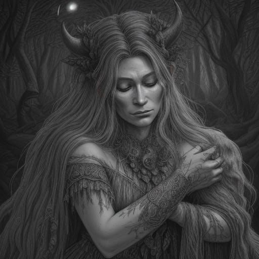 Bigfoot Minotaur's Embrace: A Charcoal Fantasy Drawing