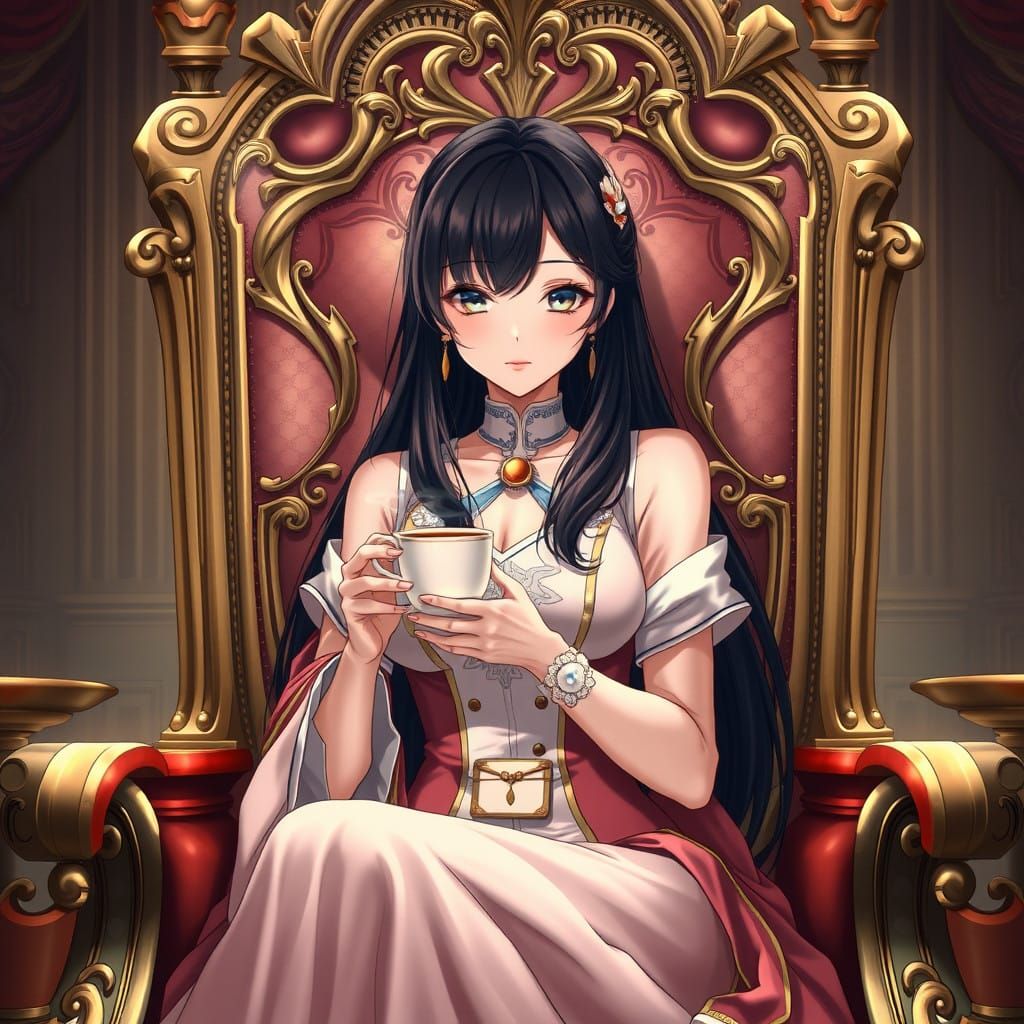 Anime Princess Savoring Coffee in Elegant Throne
