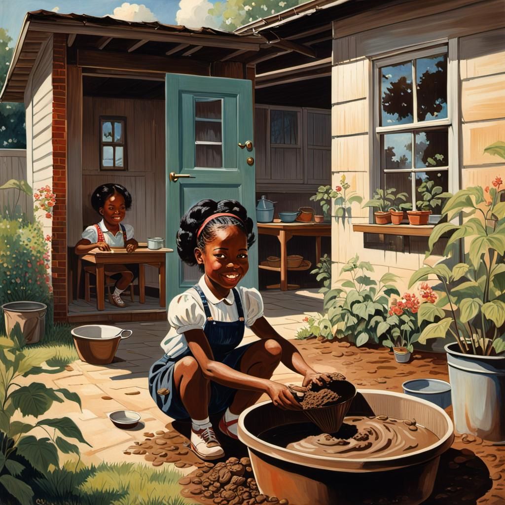 Happy Girl Making Mud Pies, 1960s Country Home