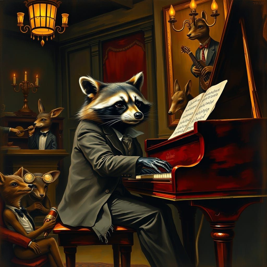 Raccoon Pianist in Dimly Lit Jazz Club