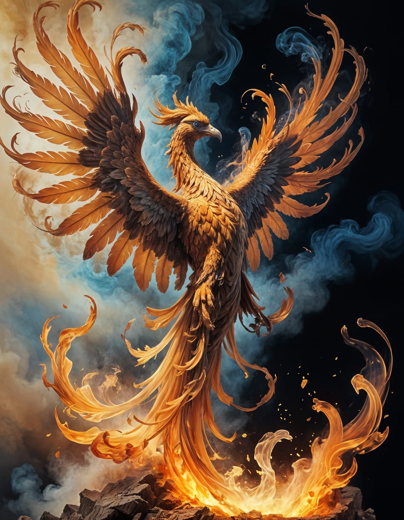 A Fiery Phoenix Rises in Smoldering Embers