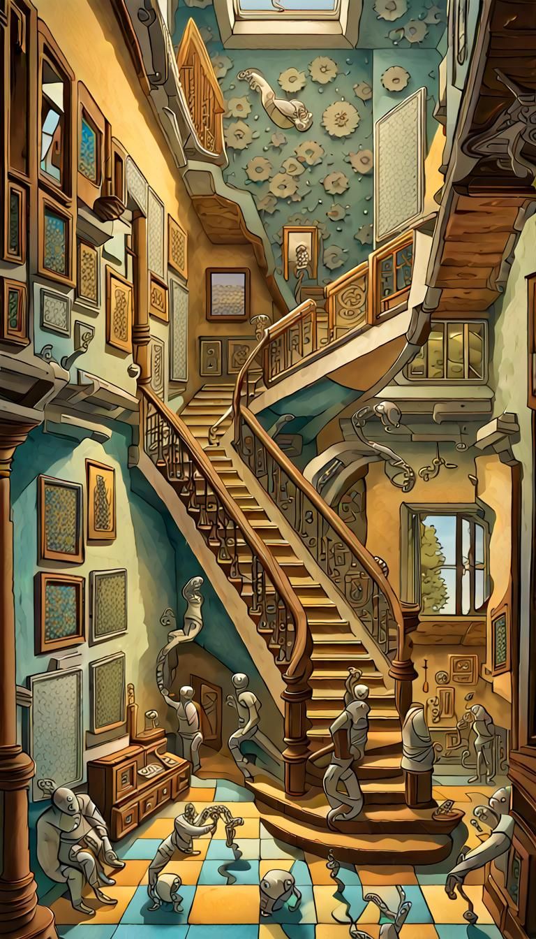 Surreal Stairway: Dali Does Escher in Psychedelic Pop Art