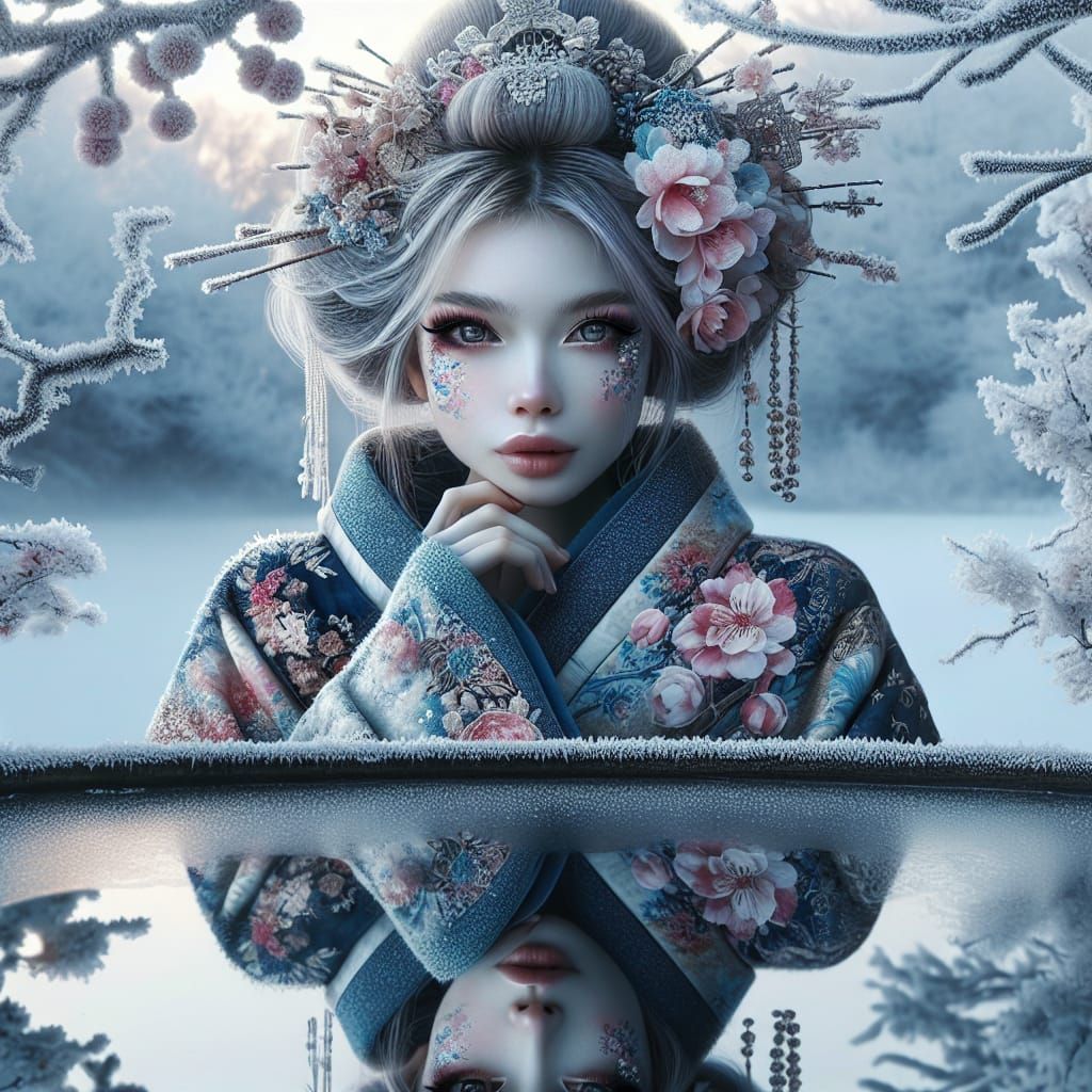 Winter Geisha Reflects in Frozen Pool: Digital Art